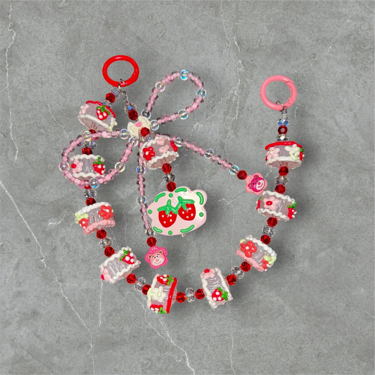 Strawberry bear keychain phone strap with hand painted beads